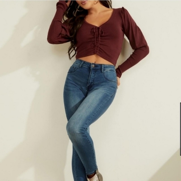 🍁GUESS Layla Puff Sleeve Cropped Sweater Cinch Drawstring Front Ribbed Pullover - Picture 3 of 14